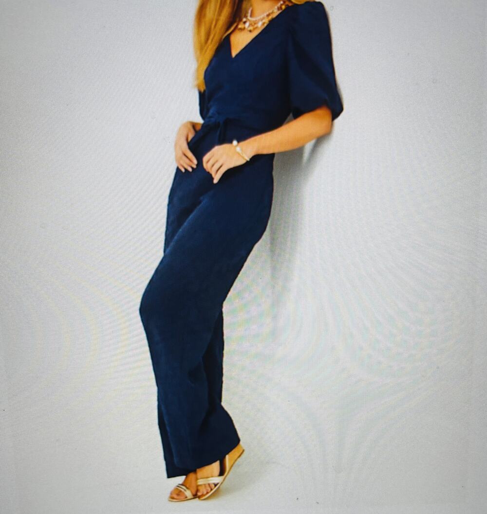 NWT $248 Lily Pulitzer Kirabelle Navy Blue Puff Sleeve V- Neck Jumpsuit Size 12